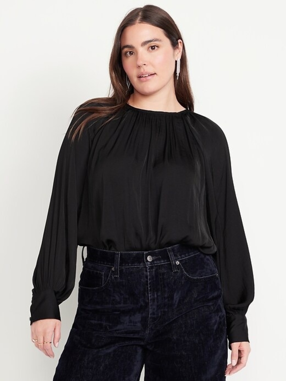 Black Leopard Print Long-Sleeve Pleated Blouse - Women's Top